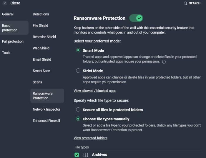 AVG settings in the dashboard open on the Ransomware protection tab.