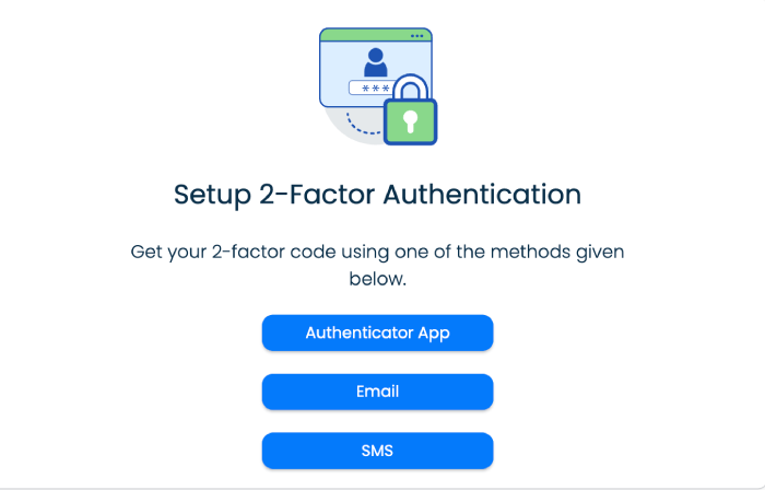 SplashID page for setting up two-factor authentication with options for authenticator app, email, and SMS.