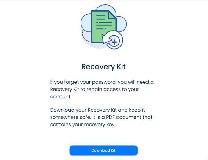 SplashID page explaining the recovery kit feature with a download kit button.