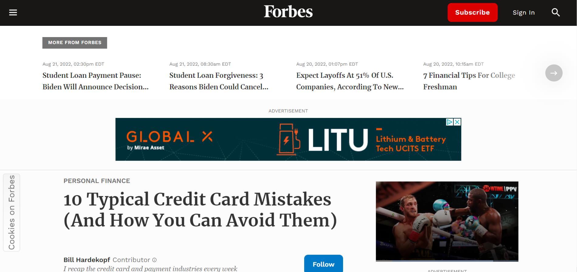 A screenshot of the Forbes homepage showing the Surfshark CleanWeb ad blocker feature turned off. You can see a banner ad right at the top of the screen.