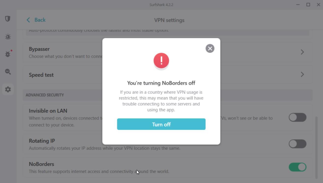 A screenshot of the Surfshark VPN's NoBorders feature, which helps users in countries where VPN use is restricted maintain a VPN connection.