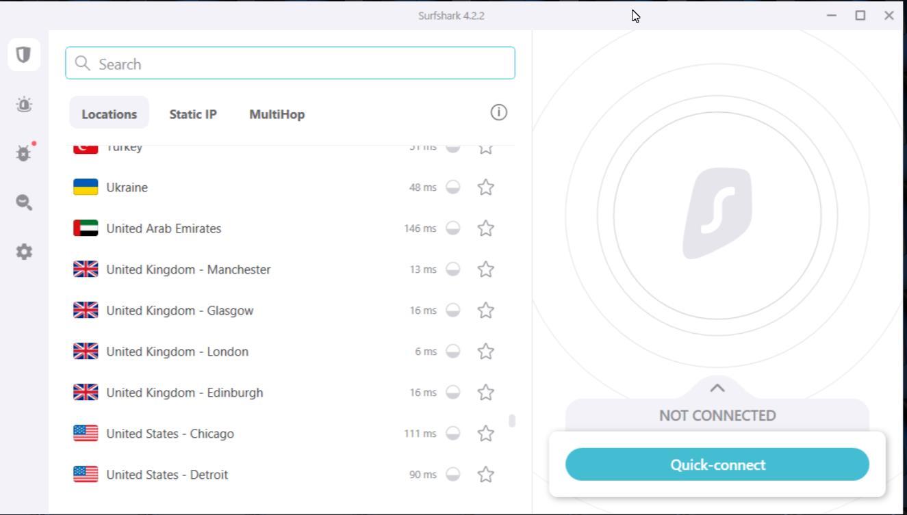 A screenshot of the Surfshark VPN showing a list of servers, including servers in Turkey, Ukraine, the United Arab Emirates, the UK, and the US.