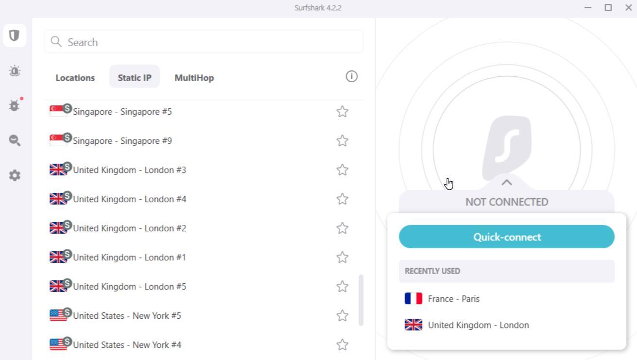 A screenshot of the Surfshark VPN interface with a list of static IP servers in the UK, Singapore, and the US listed.