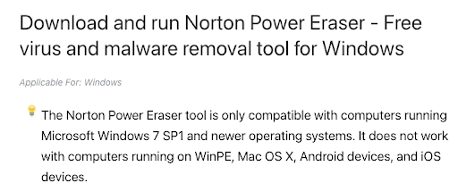 Norton Power Eraser page clarifying that it only works on Windows devices.