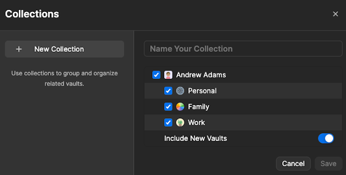 1Password allows you to create password collections that can include a combination of different vaults and groups. 