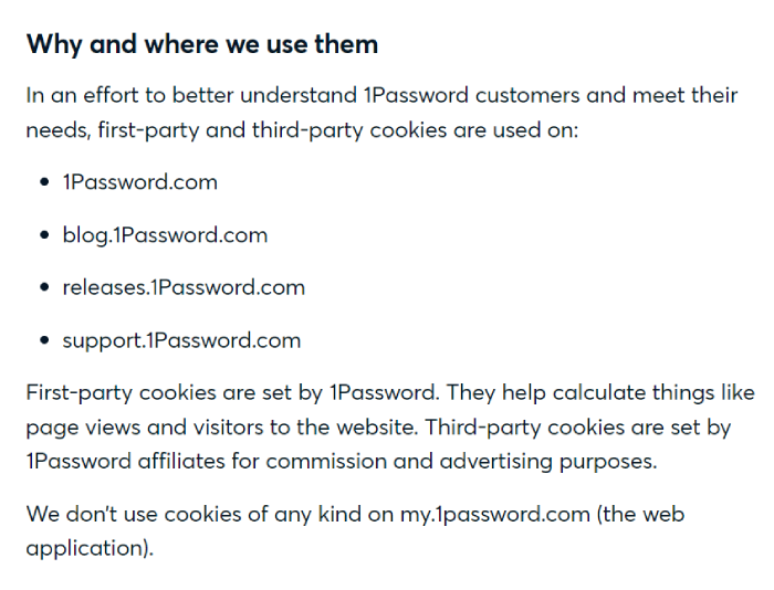 1Password's privacy policy discussing where cookies are used.