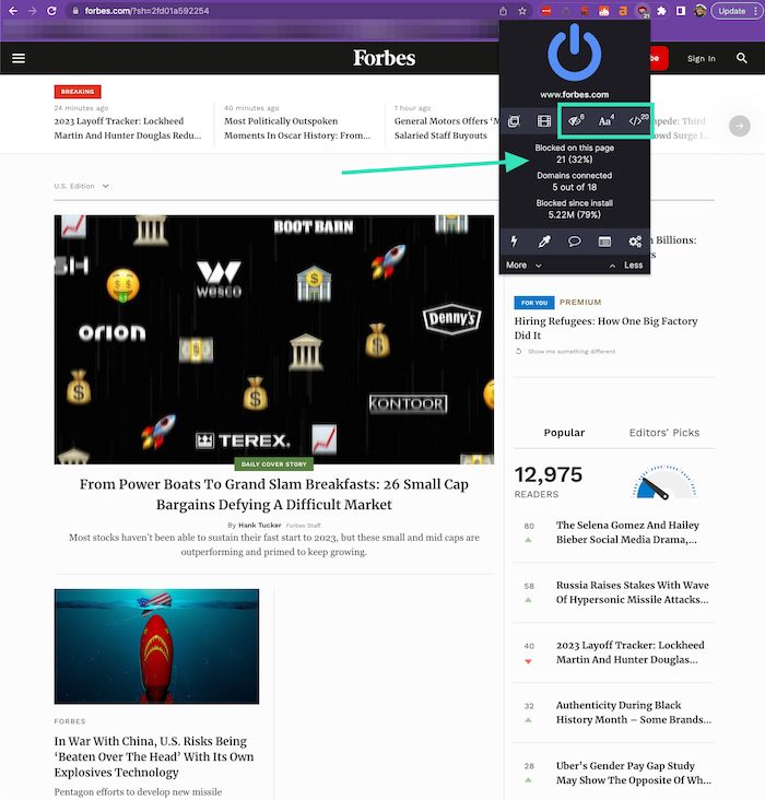 The Forbes homepage along with the uBlock Origin browser extension indicating how many ads were being blocked on the page.