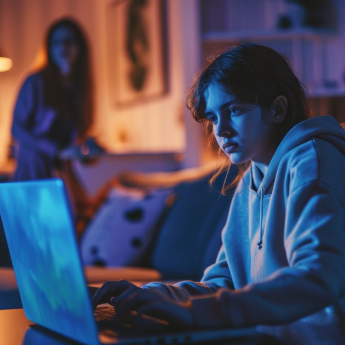 Girl looking worried at her laptop while mom watches in the distance