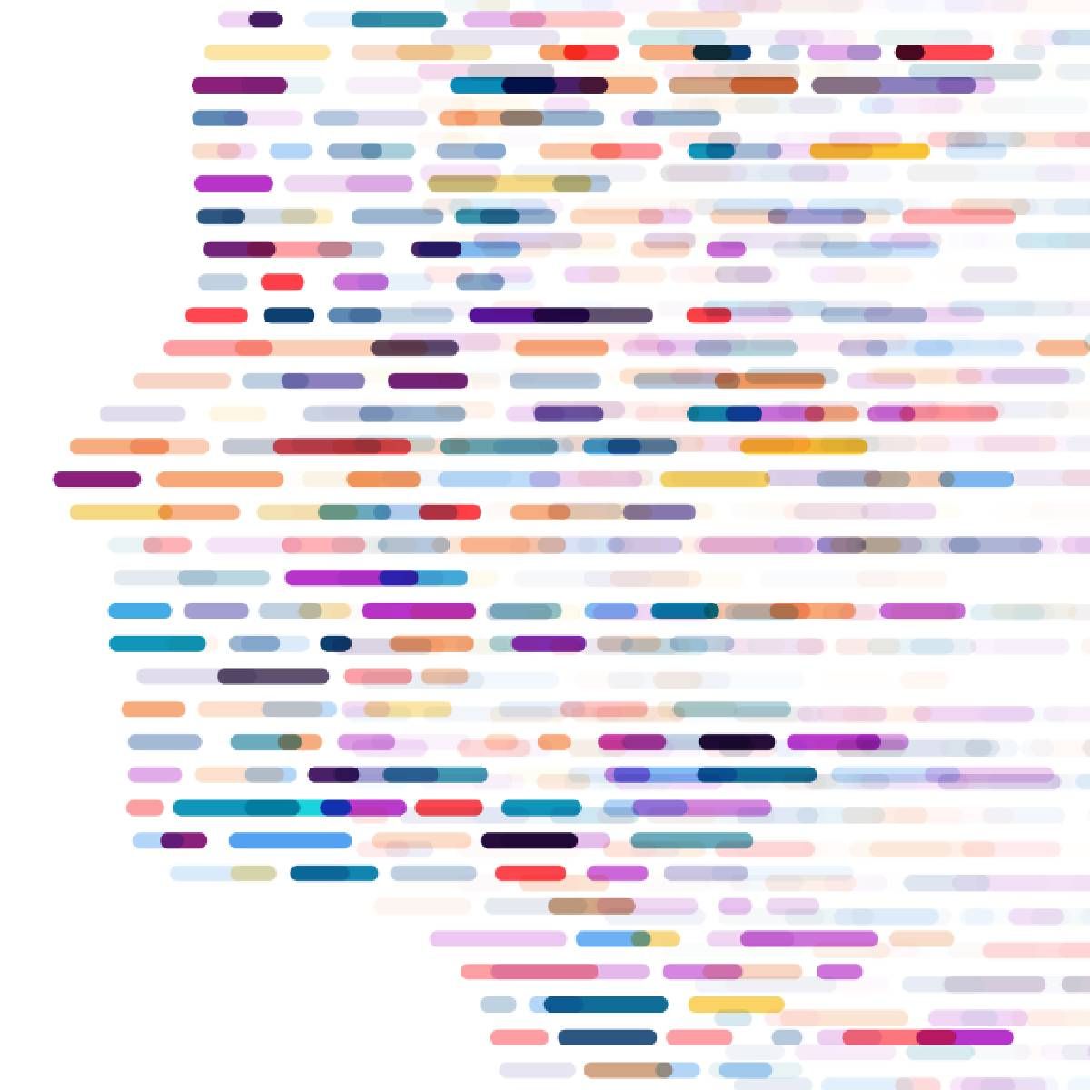 Genome sequence map in 23andMe colors making up a human face from a side profile