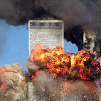 Hijacked United Airlines Flight 175 from Boston crashes into the south tower of the World Trade Center and explodes at 9:03 a.m. on September 11, 2001 in New York City. The crash of two airliners hijacked by terrorists loyal to al Qaeda leader Osama bin..