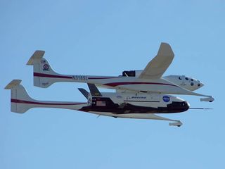 The X-37 experimental spaceship will drop from the White Knight carrier craft. 