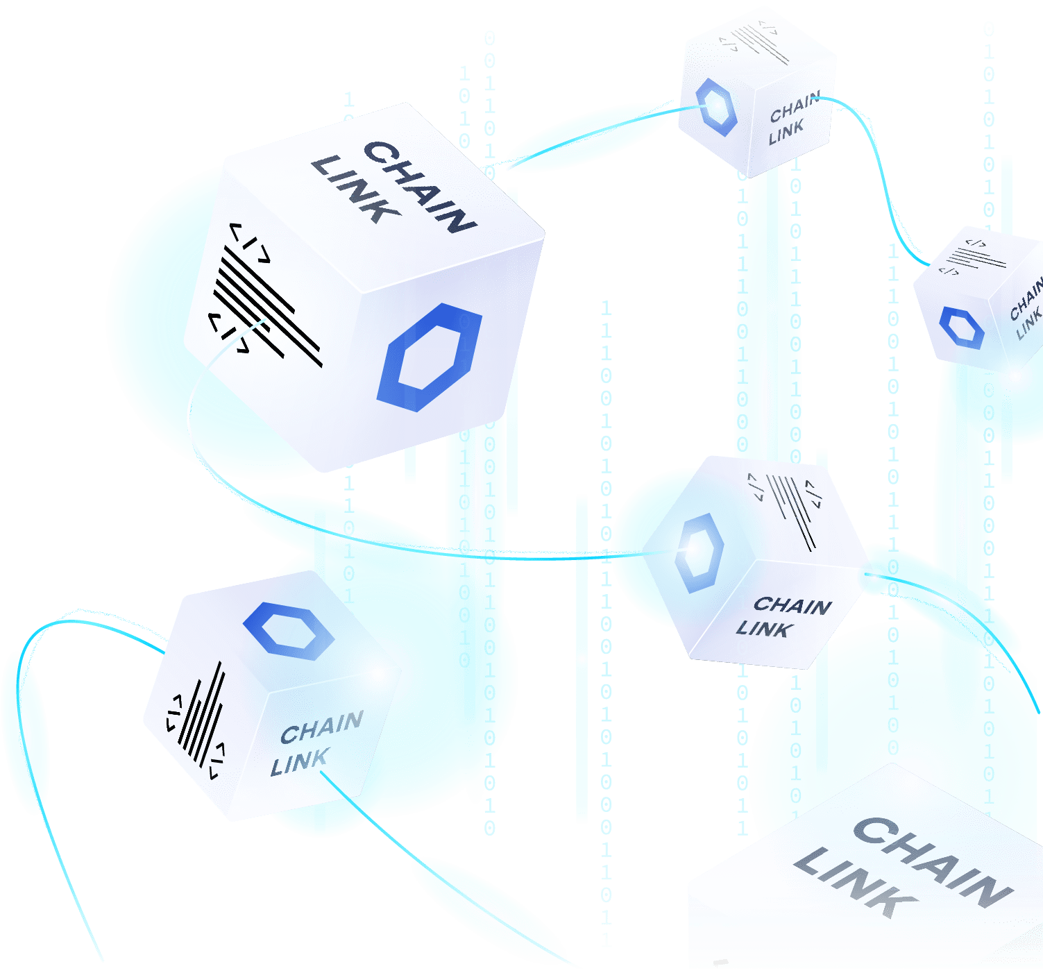 Decorative graphic illustrating multiple Chainlink cubes connecting with glowing light orbs and streams of ones and zeros.