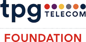 The image shows the logo for "tpg telecom" with colorful dots above and "FOUNDATION" in red below it on a white background.