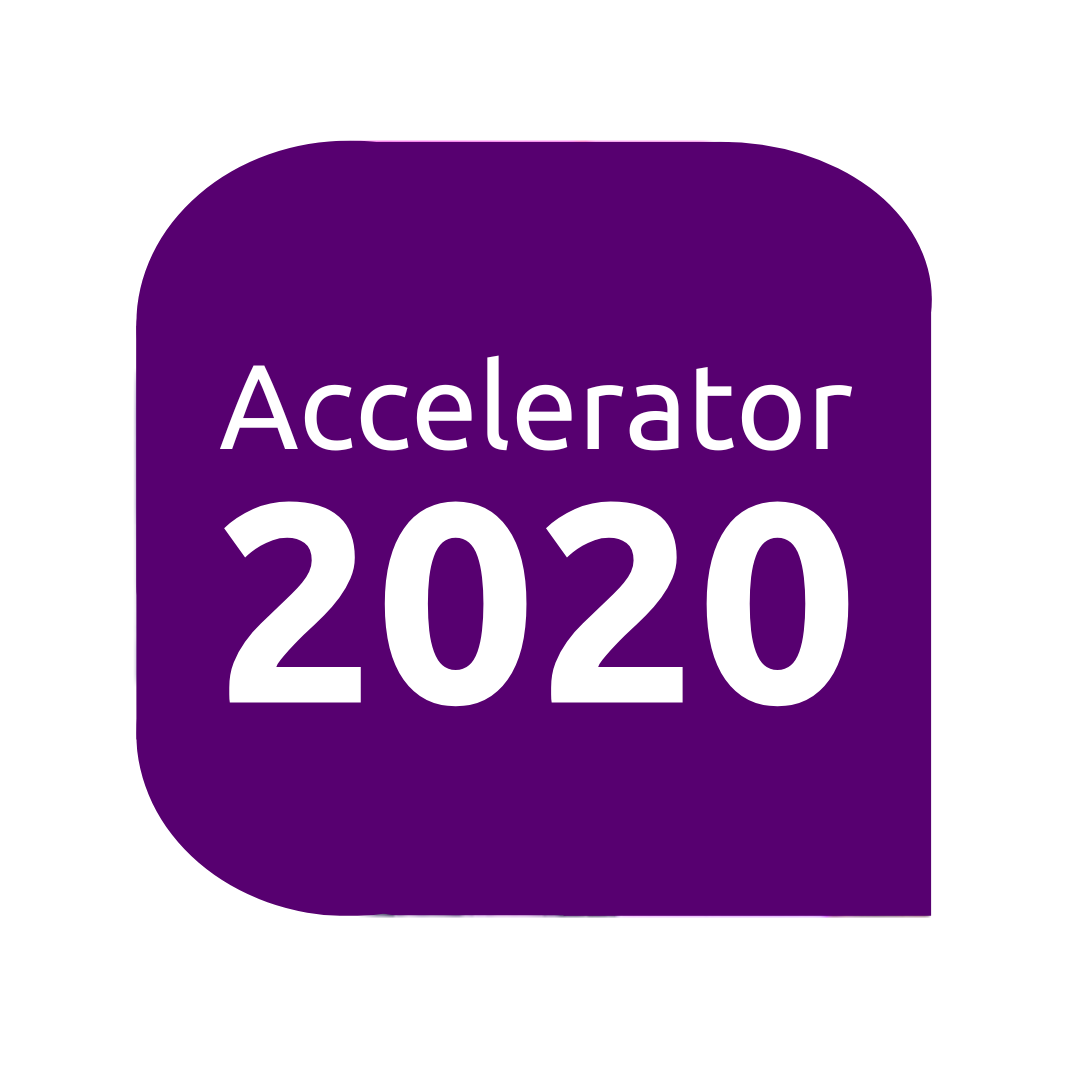 Square icon with rounded corners featuring the text "Accelerator 2020" on a purple background.