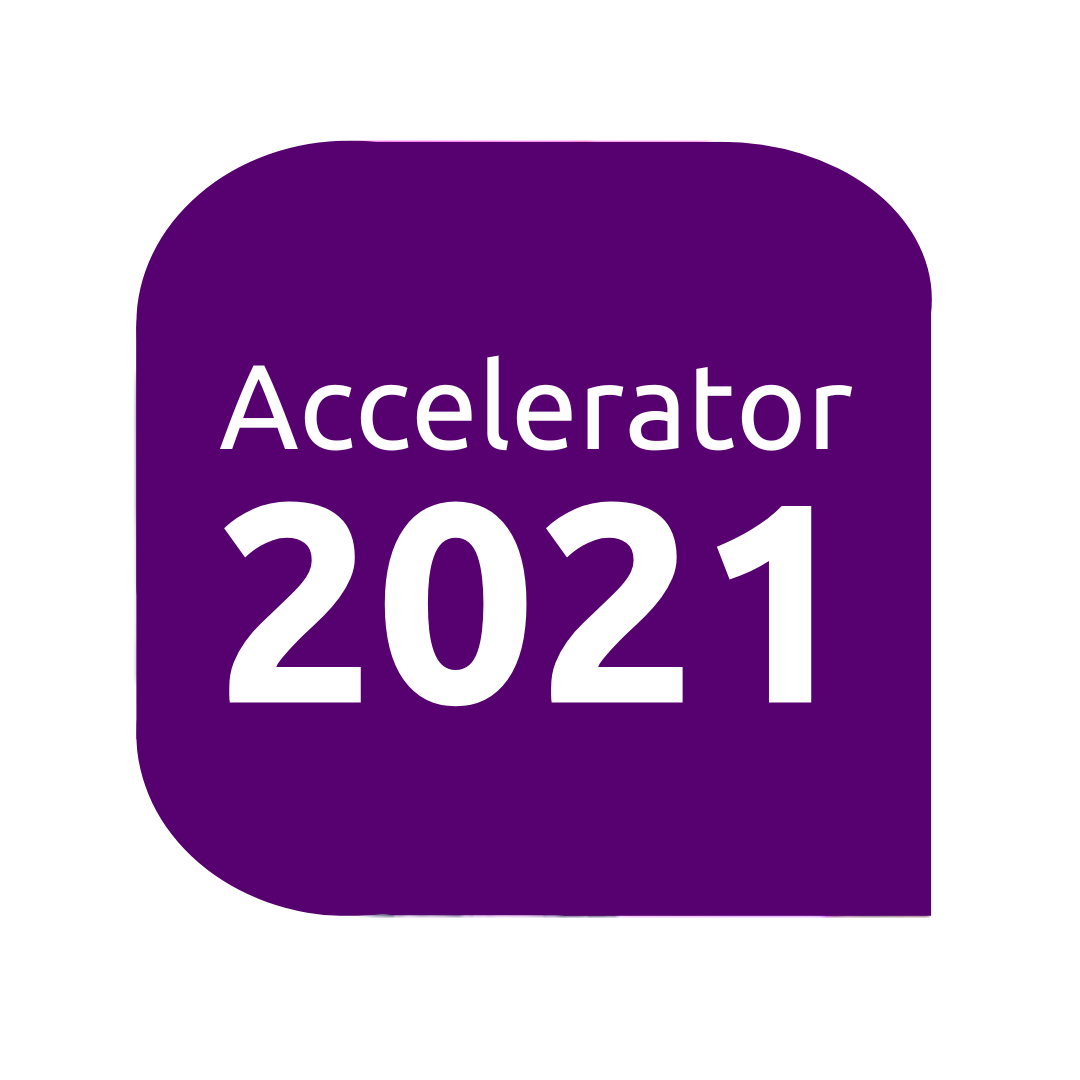 Square icon with rounded edges featuring the text "Accelerator 2021" in white on a purple background.