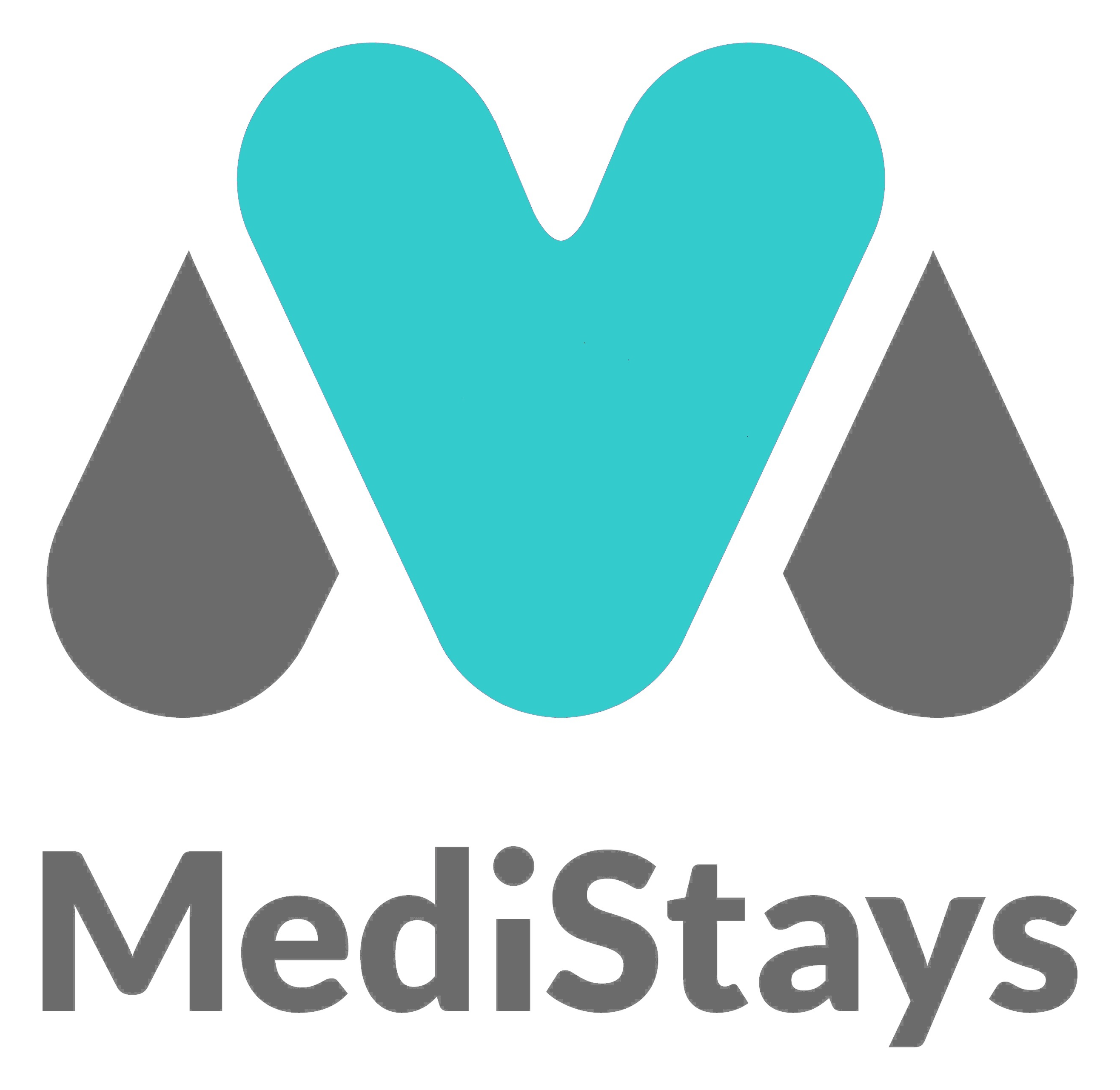 Logo of MediStays featuring a large cyan heart shape flanked by two dark gray droplets, with "MediStays" written below in gray lettering.