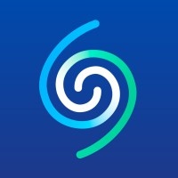 A stylized spiral logo with a gradient of blue to green on a navy blue background.