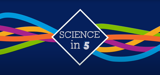 Sciene in 5 white text on navy blue background with rainbow ribbons