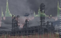 A line chart superimposed over an atmospheric photo of an oil refinery