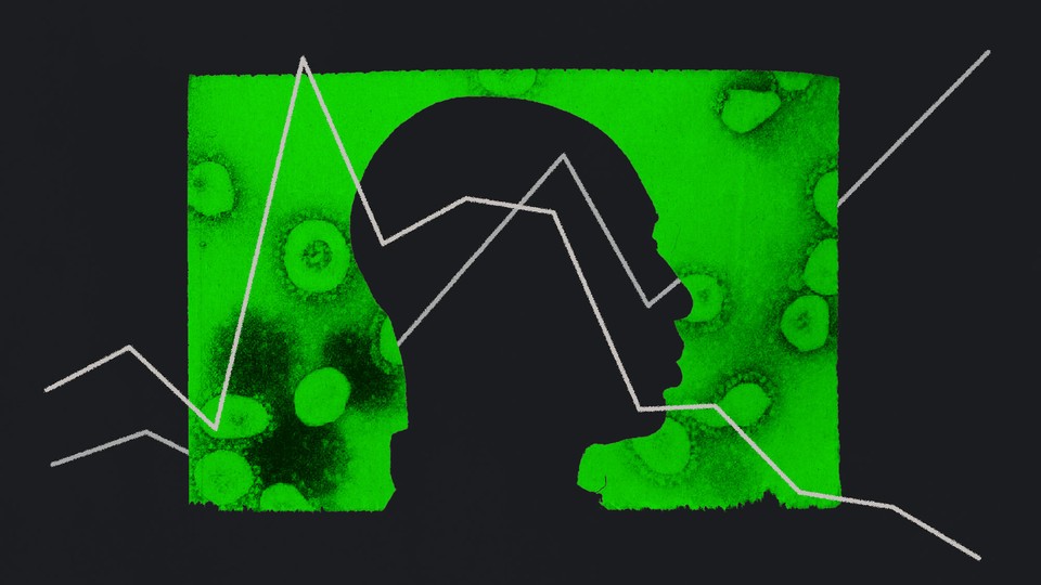 An illustration of a person with virus cells behind them and a graph superimposed