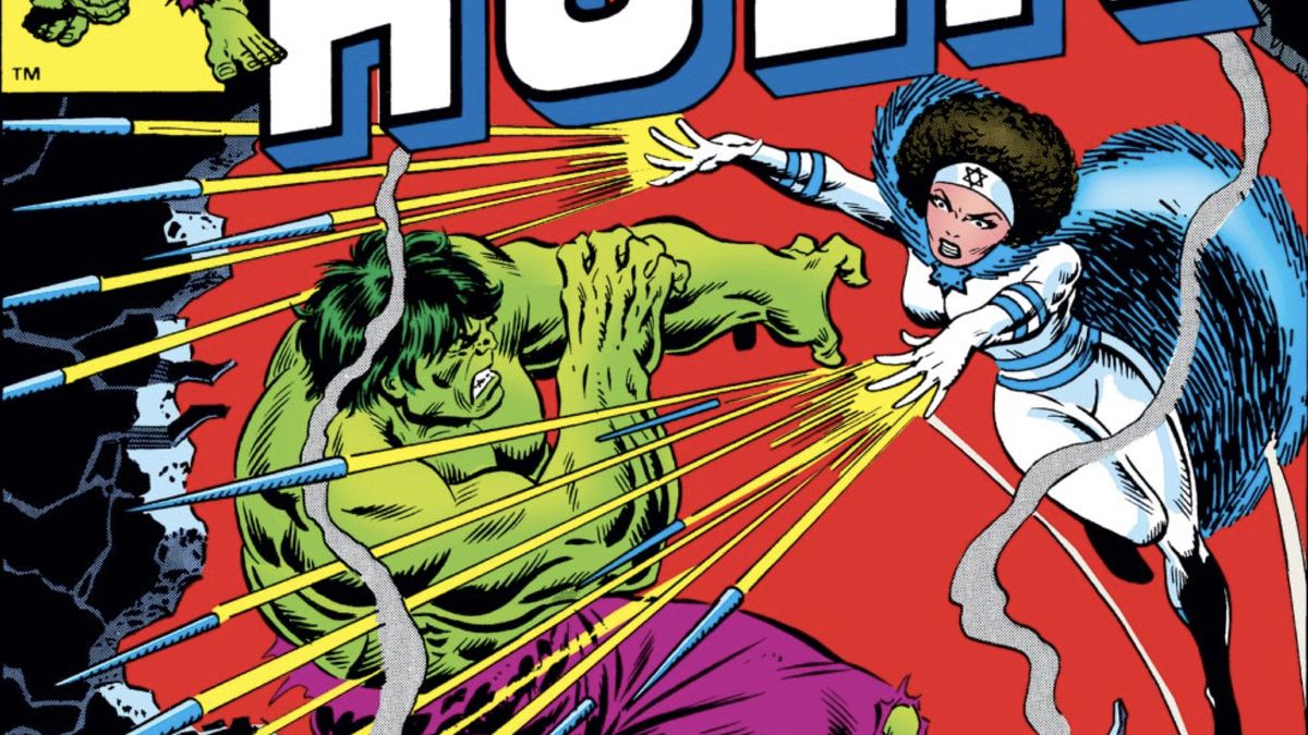 Sabra leaps at the Hulk, quills firing from her fingers, on the cover of Incredible Hulk #256 (1981). 