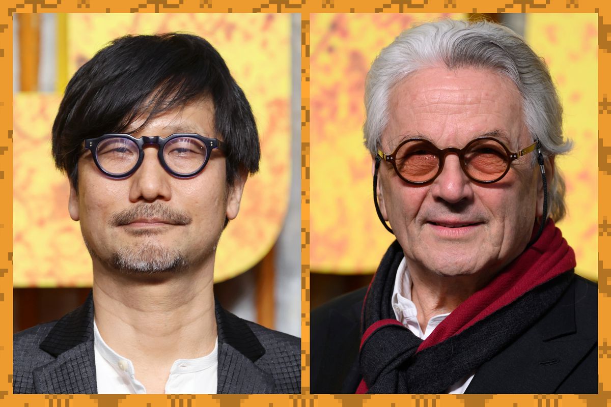 Headshots of Hideo Kojima and George Miller, wearing matching round glasses, at the Furisoa UK premiere