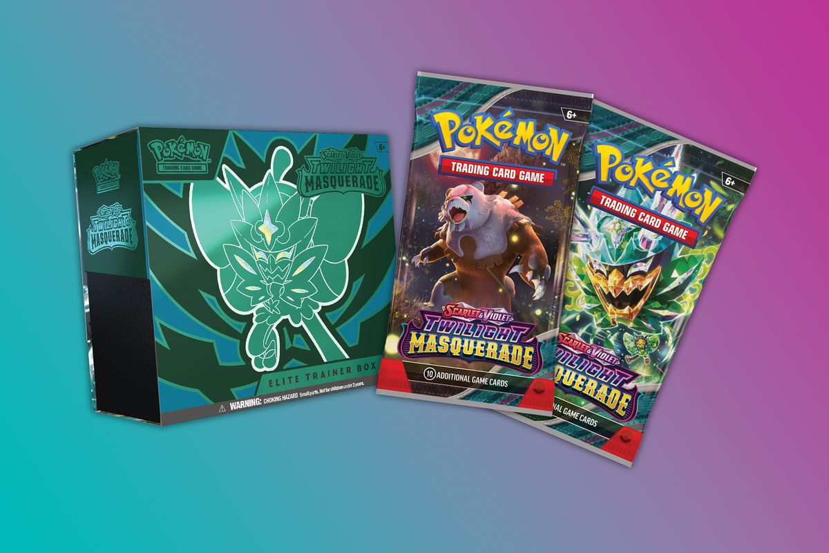A Pokémon TCG: Scarlet and Violet — Twilight Masquerade ETB and booster packs with Ogrepon on them