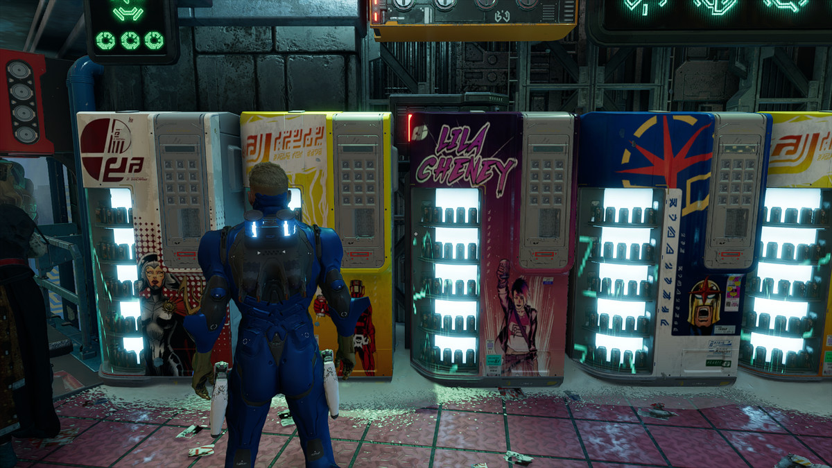 Vending machines in Knowhere, displaying various comic characters