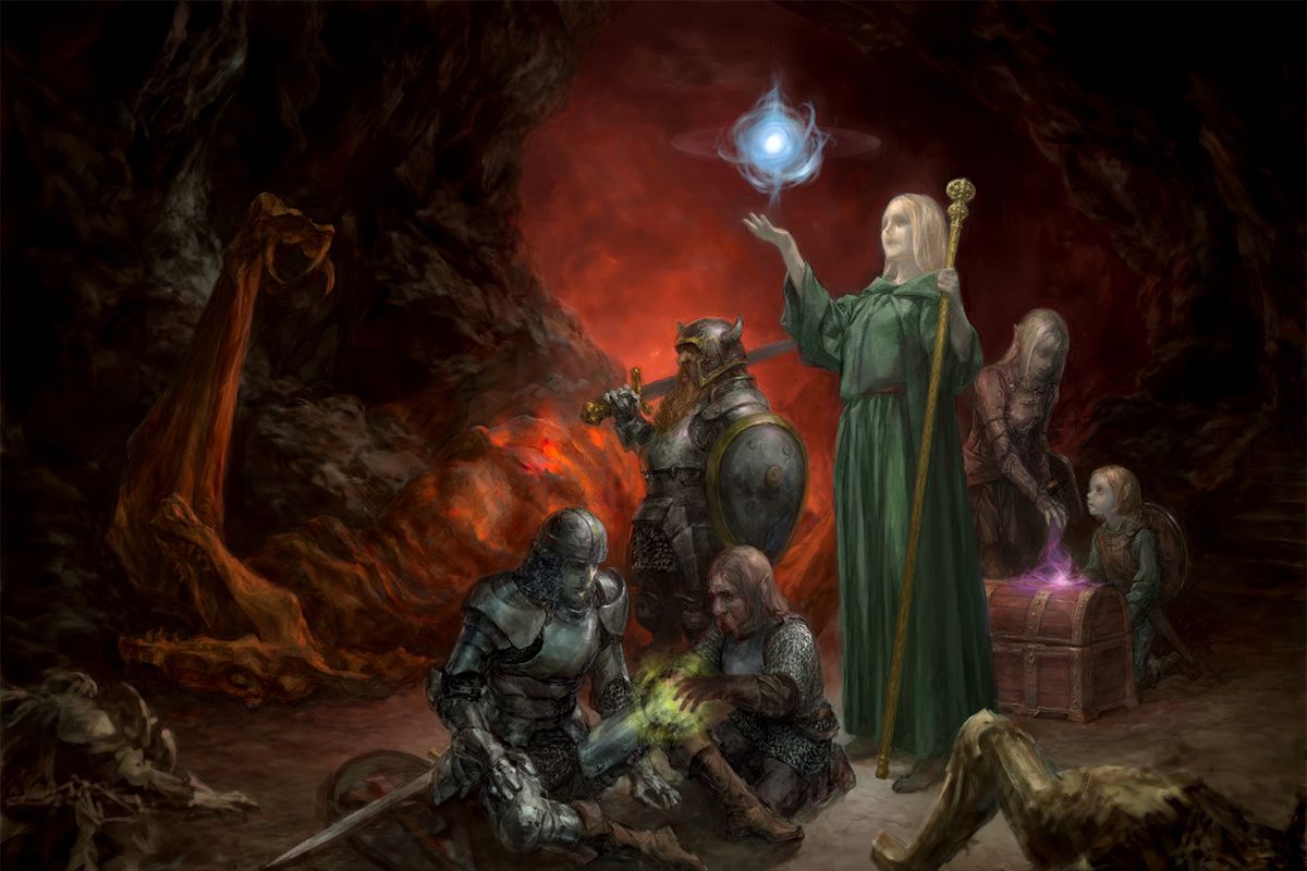 A painting of characters, a knight, dwarf, mage, and others, from Wizardry opening a treasure chest with the corpse of a felled dragon behind them