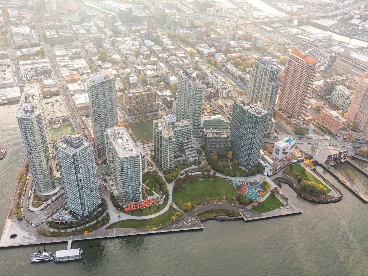 An aerial view of the tall skyscrapers that are on the waterfront in Long Island City, New York City. 