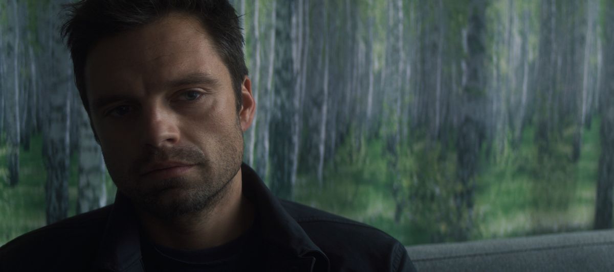 A closeup of Bucky Barnes (Sebastian Stan) in his psychiatrist’s office in The Falcon and the Winter Soldier