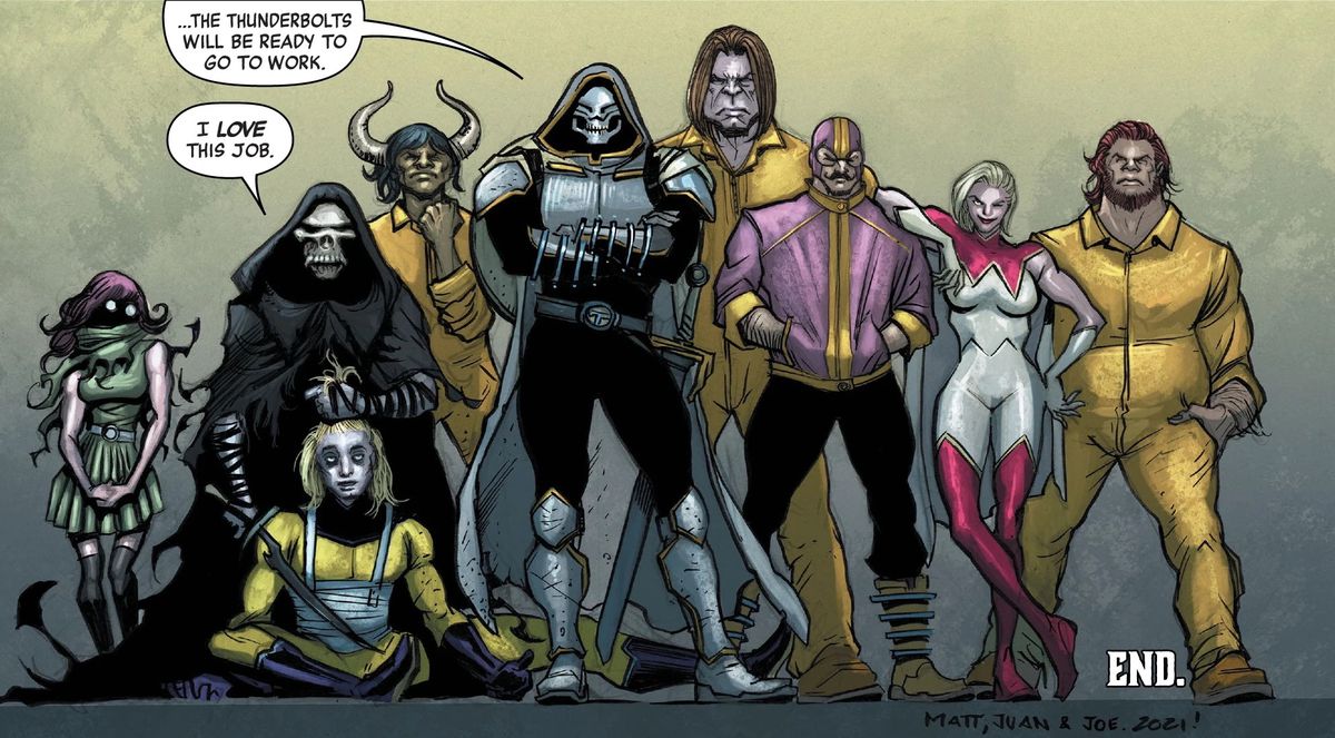 A line up of nine Marvel supervillains, including Taskmaster and Batroc the Leaper in King in Black: Thunderbolts&nbsp;#3 (2021).