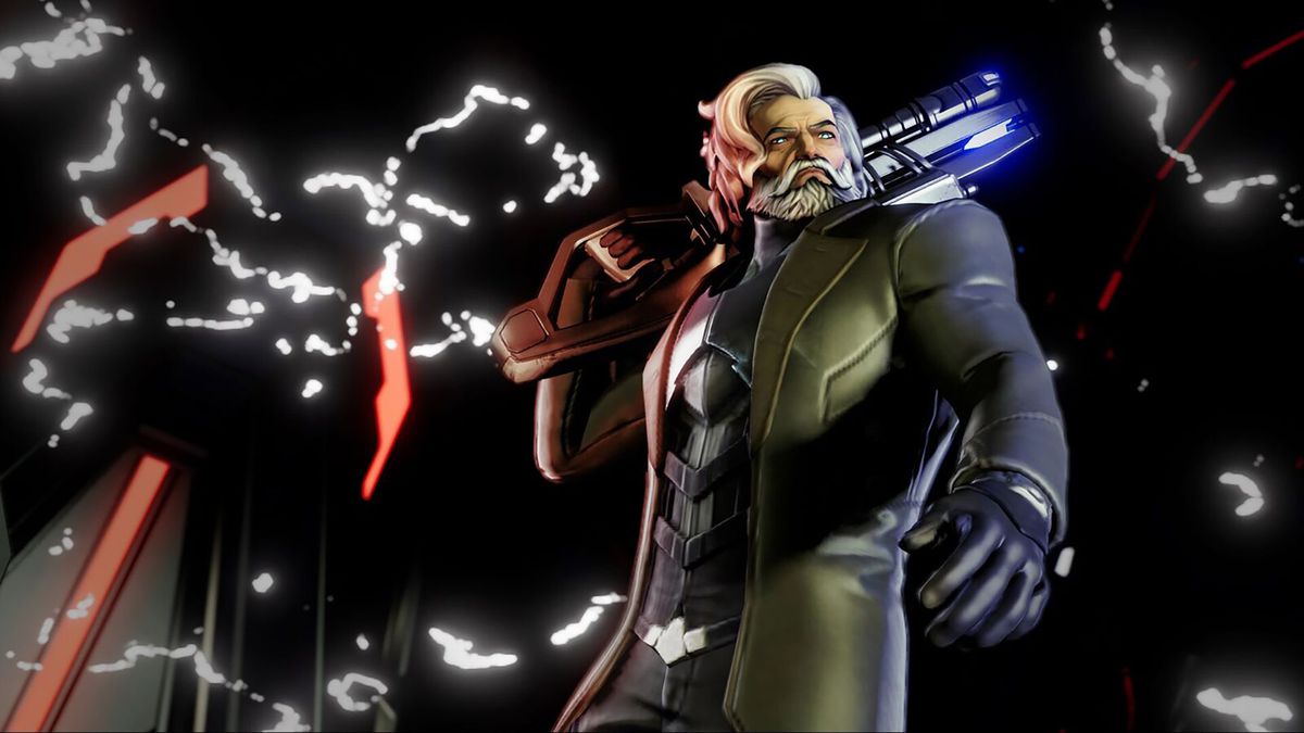 In this Agents of Mayhem screenshot the character Hammersmith stands with a large gun hoisted over one of his shoulders. Electricity crackles in the background and a glowing red tower-like structure can be seen.