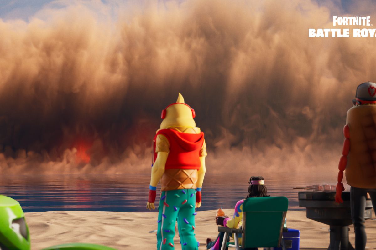 Lil’ Whip from Fortnite watches a huge sandstorm approach