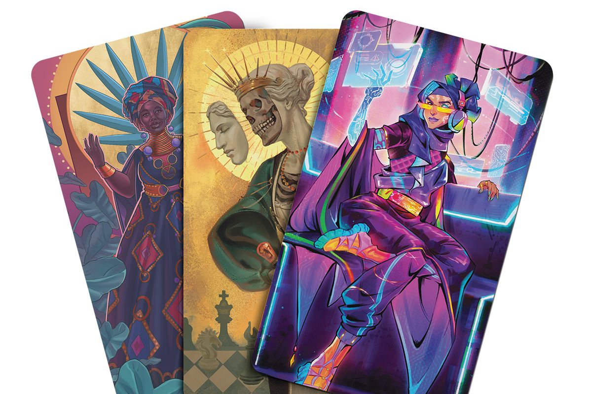 A fanned display of three second-edition queen illustration cards from Alex Roberts’ indie card-based RPG For the Queen. The cards depict (from right to left) a cyberpunk queen surrounded by floating, translucent screens; a religious-figure queen with a skull face, crown, and halo; and a queen on a throne with a stylized blue sunburst behind her