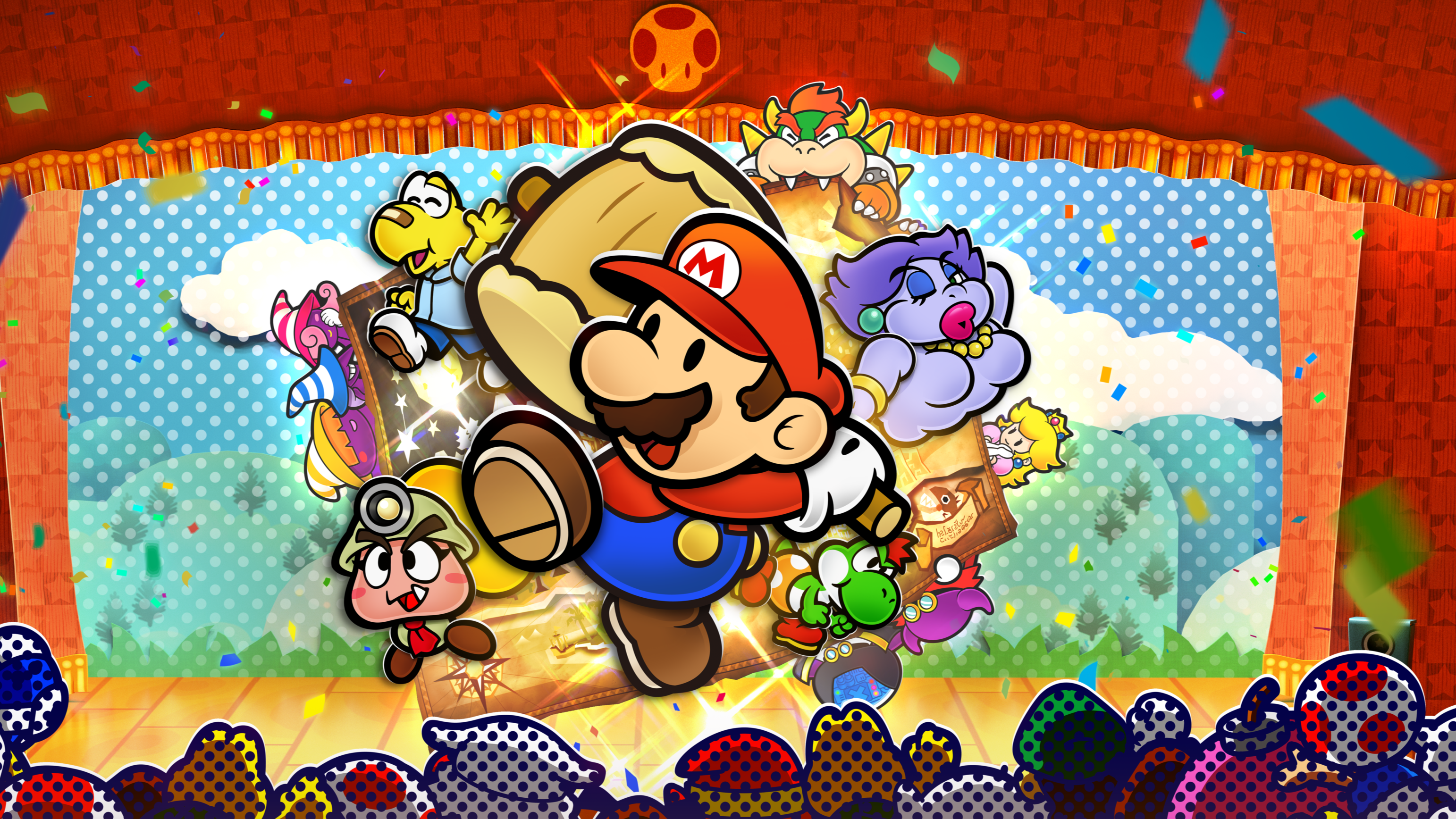 Paper Mario: The Thousand-Year Door artwork showing Mario, holding a mallet, bursting forward from a curtained stage surrounded by other characters