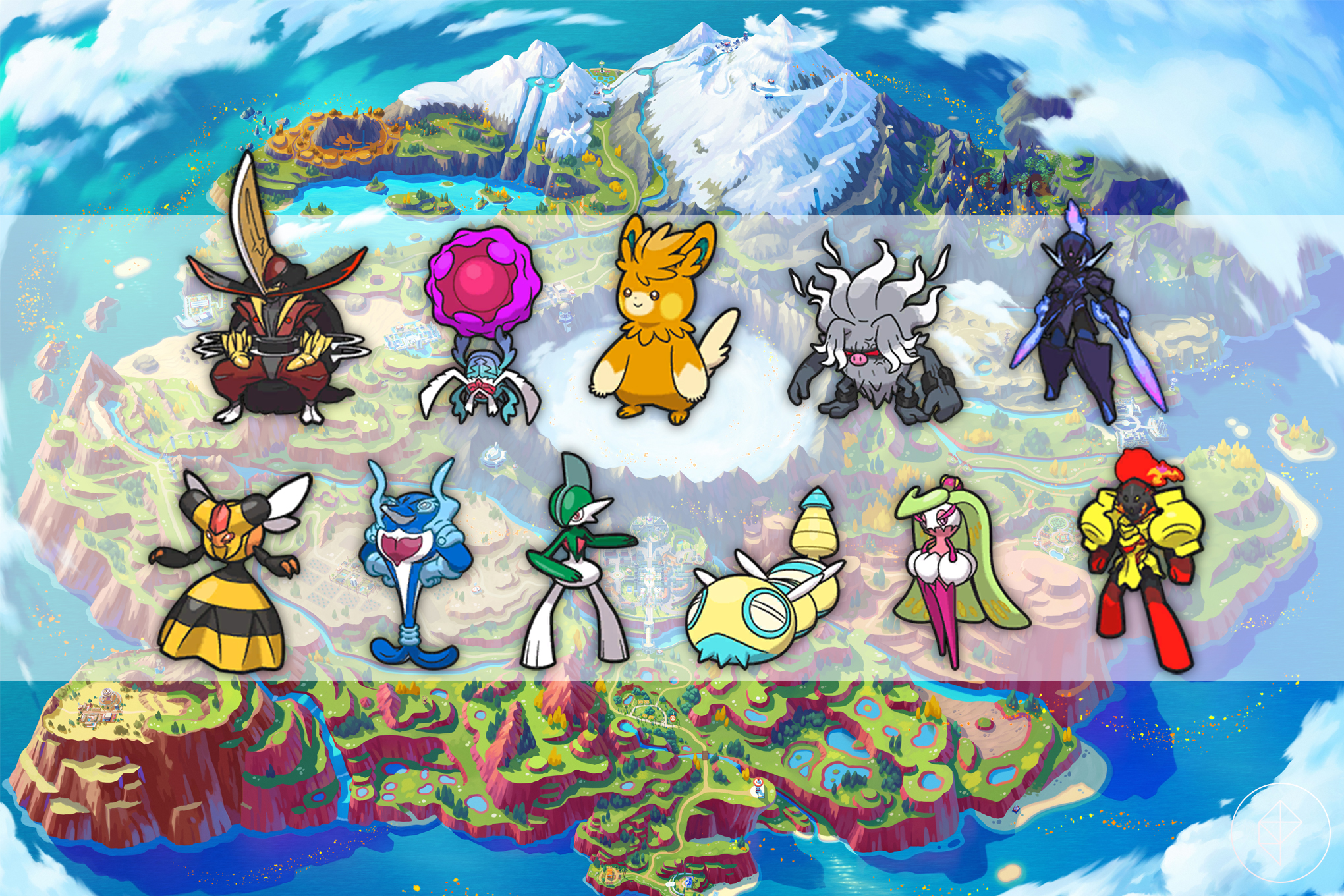 A graphic of 11 Pokémon that have special evolutions over a map of Paldea, including Pawmot, Tsareena, Gallade, Dudunsparce, and others