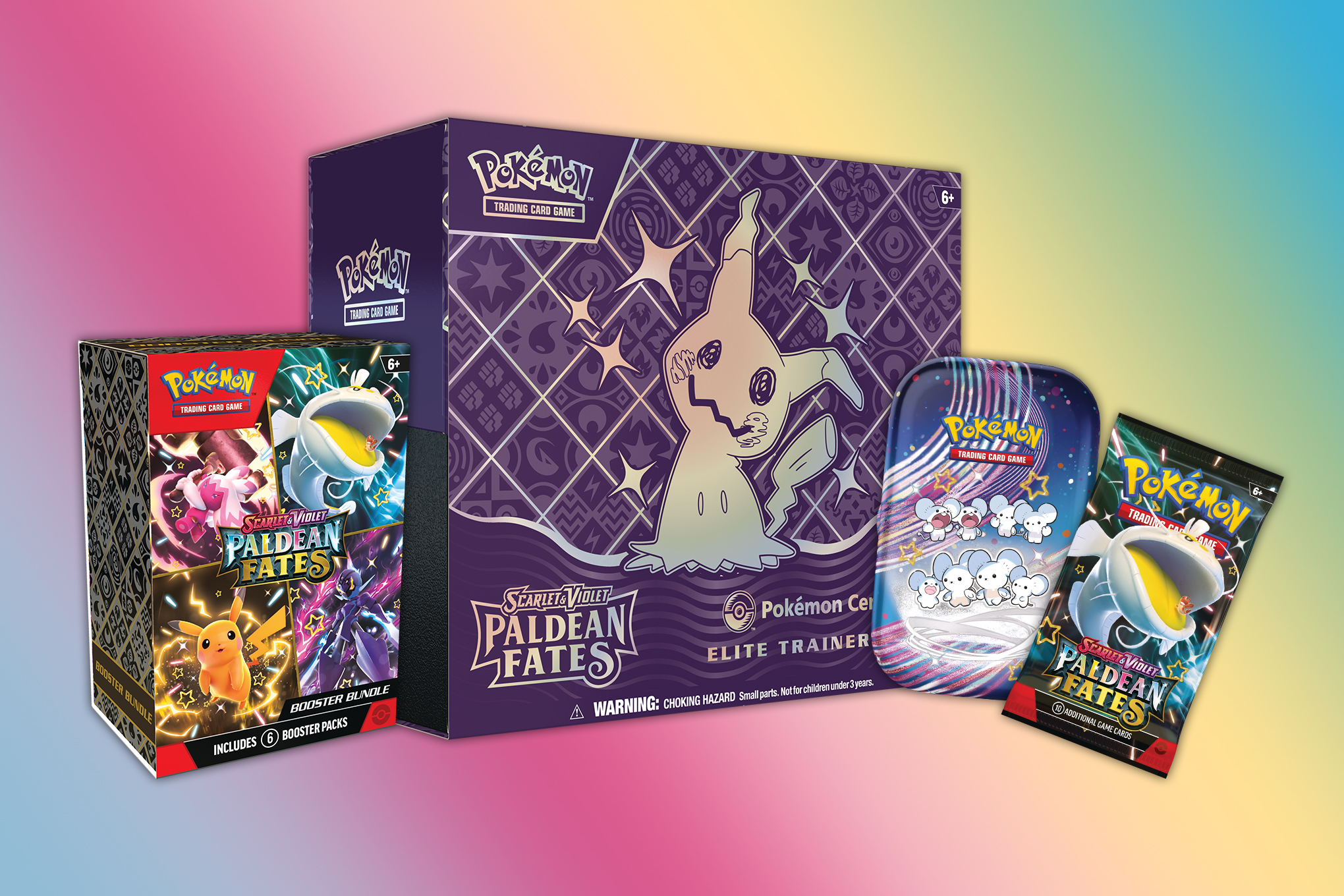 A tin, a booster pack, a booster box, and an Elite Trainer Box of Pokémon TCG: Scarlet and Violet — Paldean Fates.
