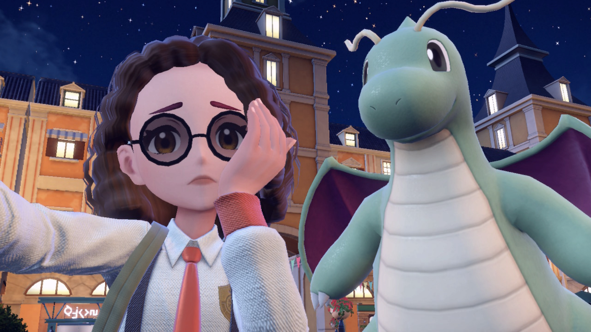 an image of a pokemon trainer in pokemon scarlet taking a selfie with a shiny dragonite. she looks worried in the photo.