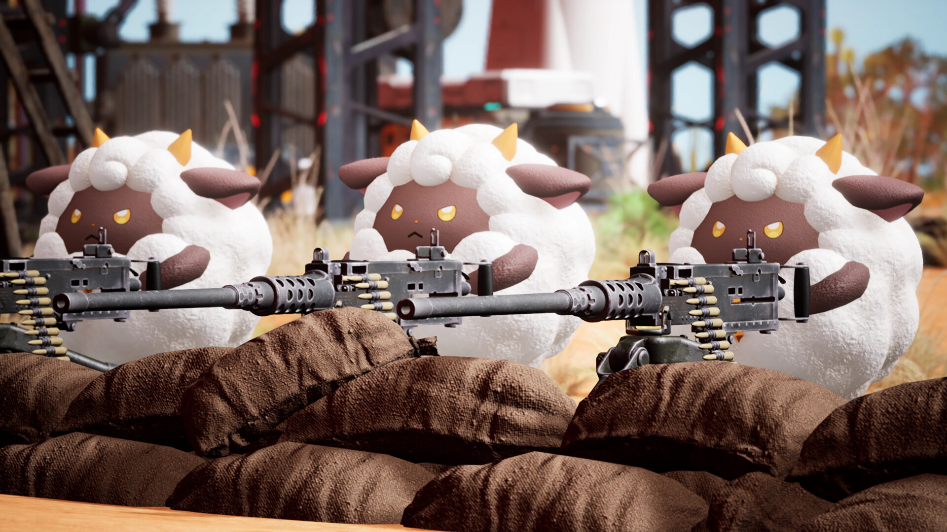 A line of three cute, sheep-like Pals man heavy machine guns in Palworld