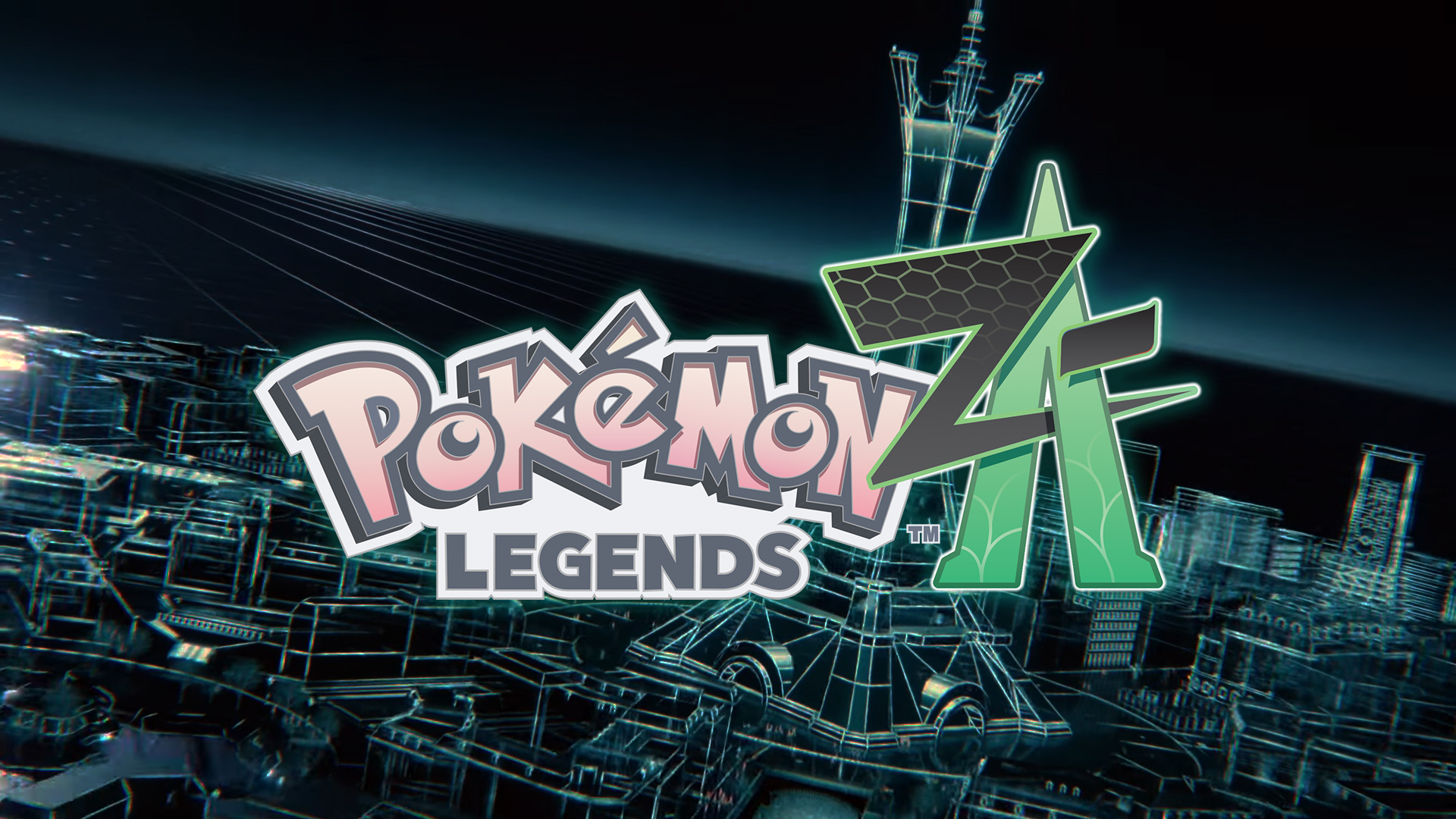 The logo for Pokémon Legends Z-A overlayed on a neon-lit outline of Lumiose City