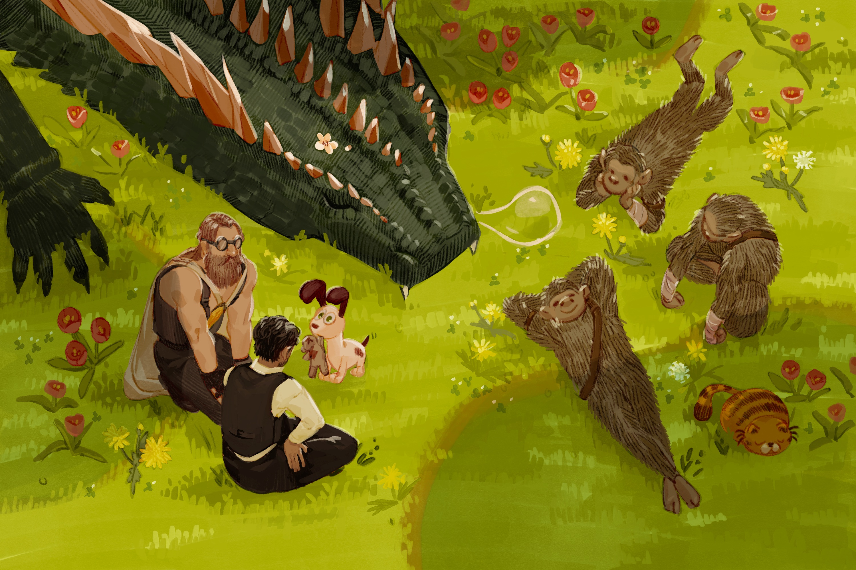 An original illustration shows Godzilla, characters from Planet of the Apes, and others laying on the grass.