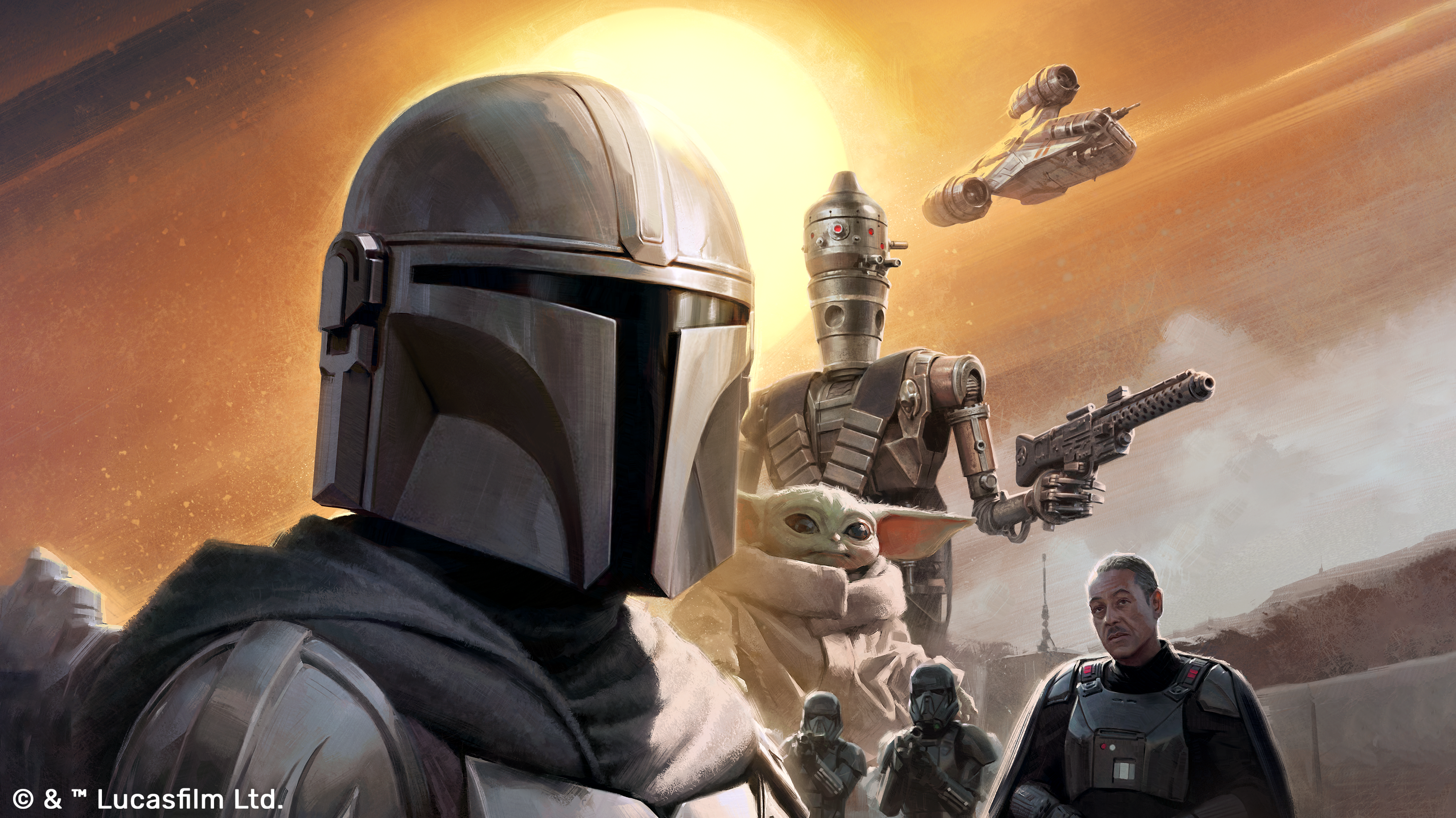 Key art for The Mandalorian: Adventures board game features Mando, IG-11, The Child, and a smattering of Dark Troopers as well.