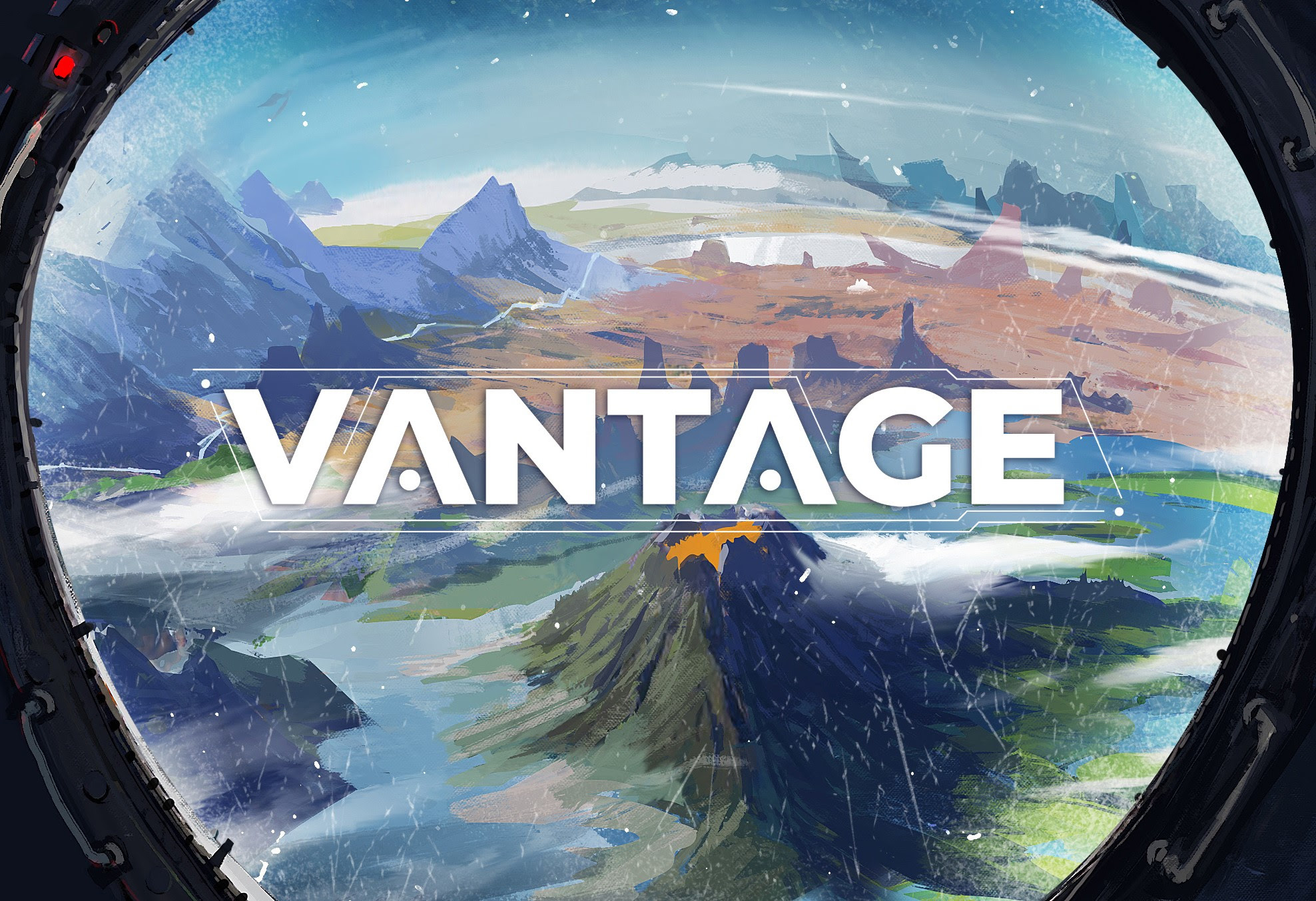 Key art for Vantage features a view of a planet with multiple biomes as seen through the porthole of an escape capsule dropping in from orbit.
