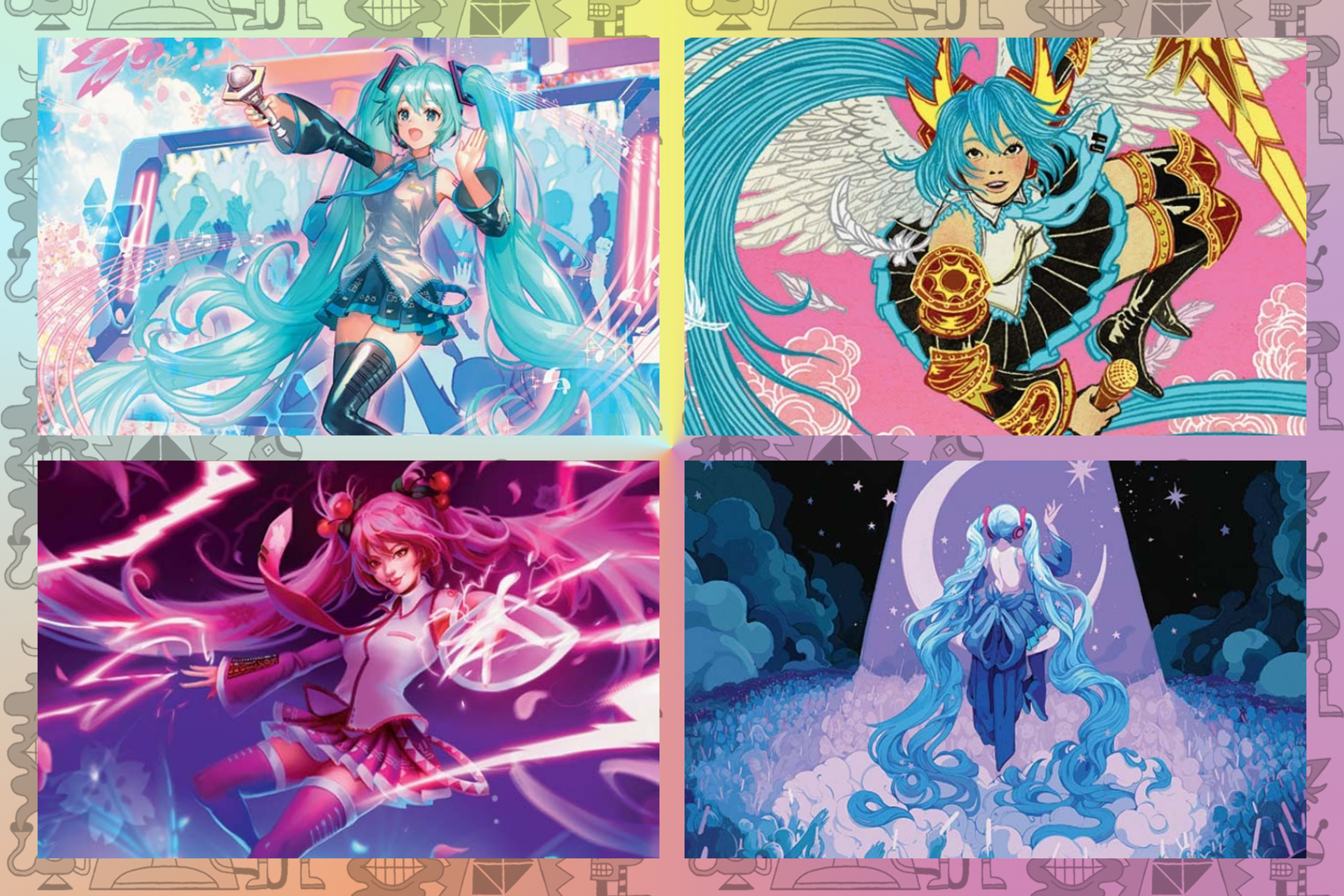 A graphic showing the card art for the Hatsune Miku Secret Lair drop for Magic The Gathering. There are four quadrants. The top left portays Miku at a concert, the top right shows her in an illustrated style with angel’s wings, the bottom left shows Miku with pink electric energy, and the bottom right shows her with flowing twin pigtails as she walks towards the moon. 