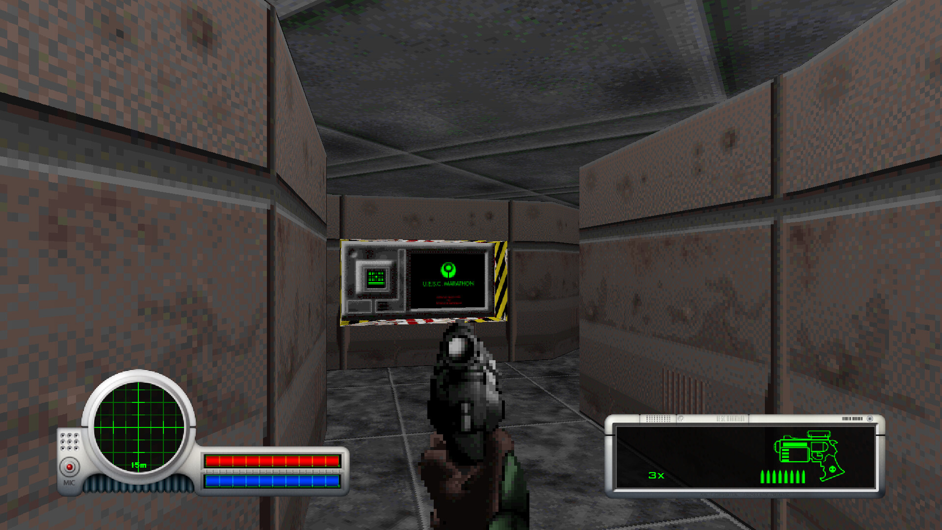 A first-person screenshot of Marathon in which a character walks through a gray corridor of the colony ship UESC Marathon with UI elements on the lower left and right sides