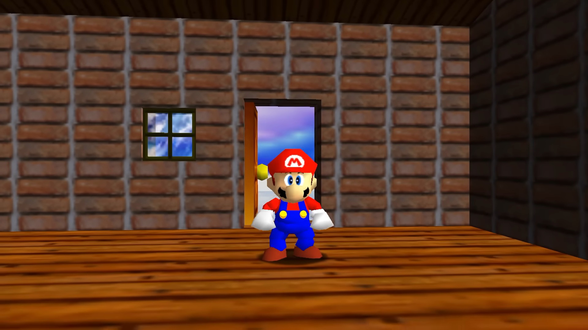 Mario stands inside of the cabin in Cool Cool Mountain with the door open behind him in a screenshot from Super Mario 64