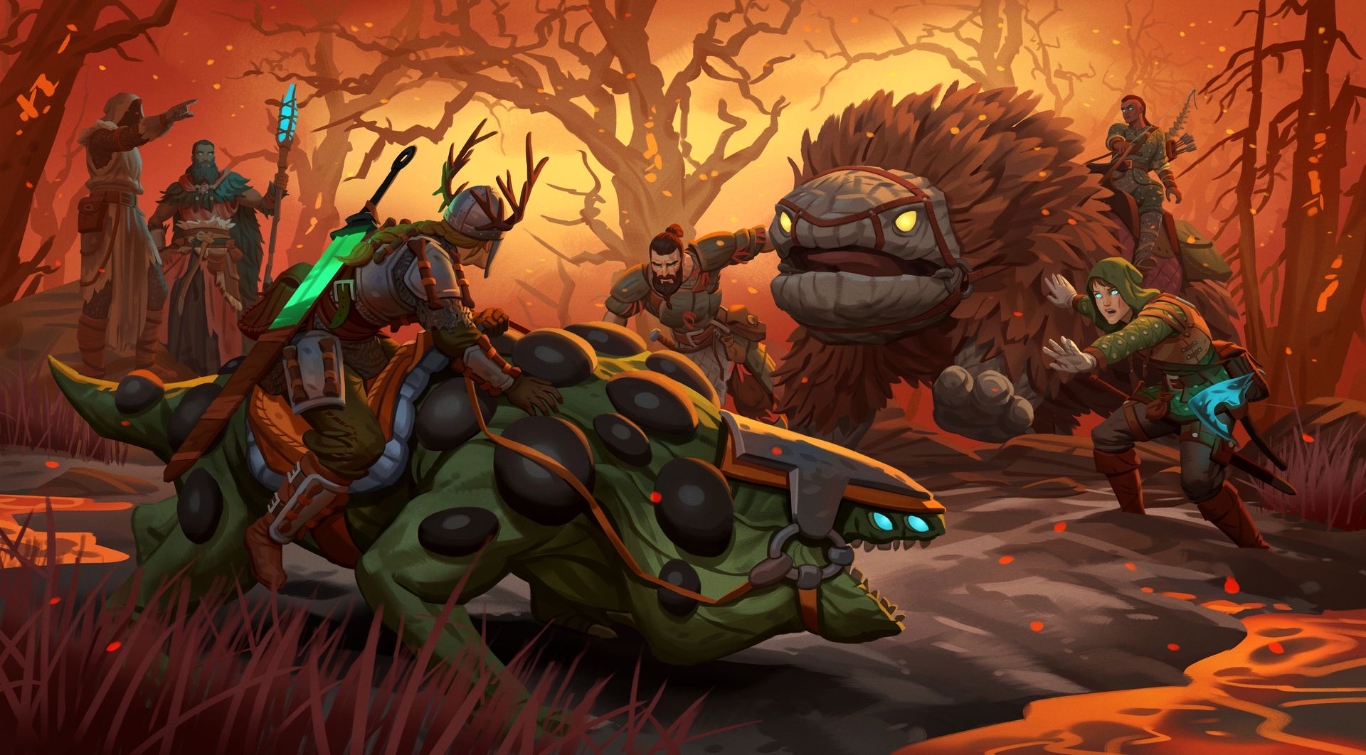 A piece of art depicting the dangers of the Ashlands, a new fiery and dangerous biome added to Viking survival game Valheim. A cragged rock beast with bright yellow eyes is charging forward towards a Viking on a lizard mount. Other Vikings surround the scene, trying to stop the beast.