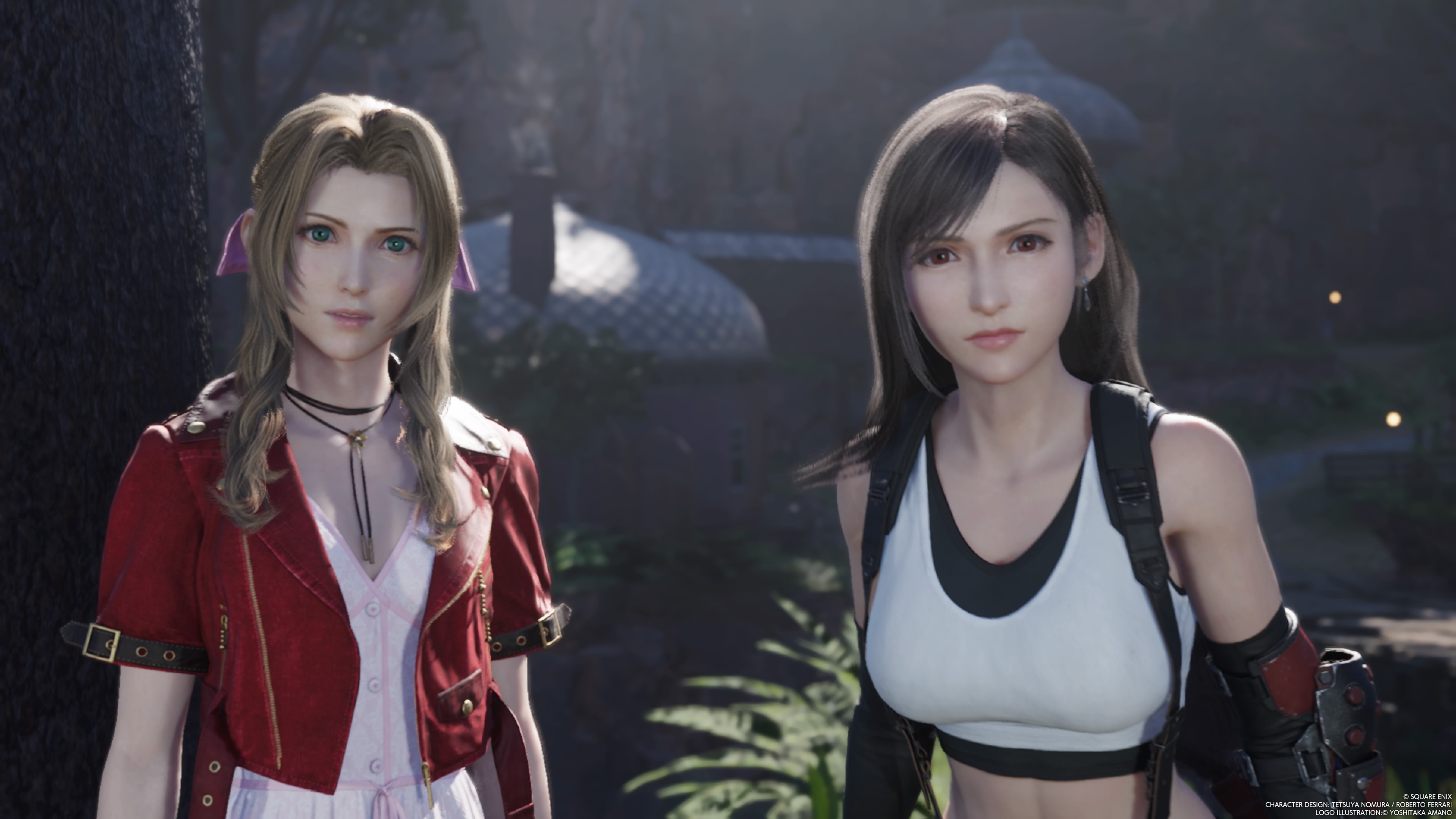 An image showing Tifa and Aerith looking directly into the camera in Final Fantasy 7 Rebirth. They both look annoyed with a sharpened gaze. 