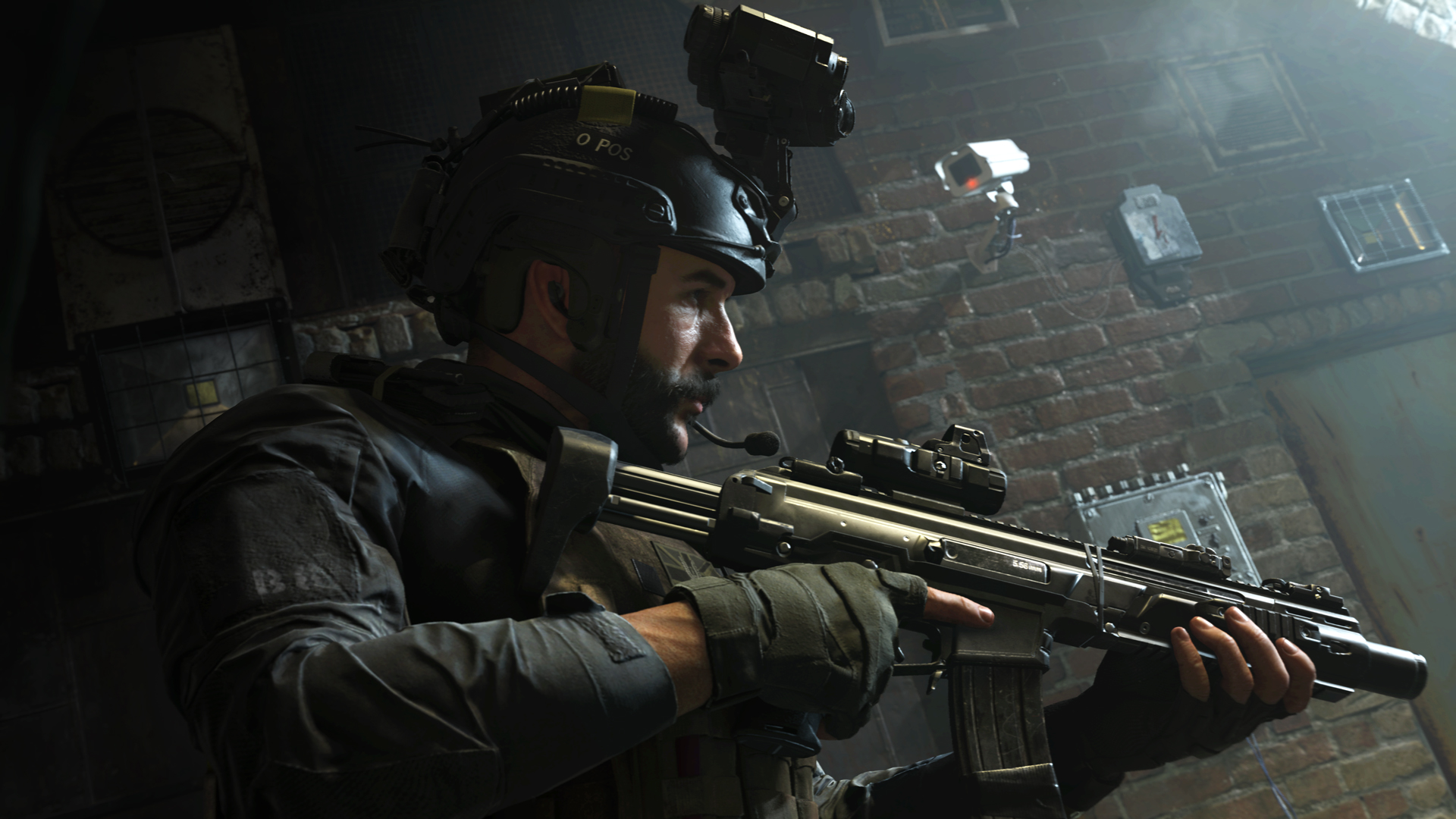 Captain Price, in military gear with a helmet cam, holding an assault rifle in Call of Duty: Modern Warfare